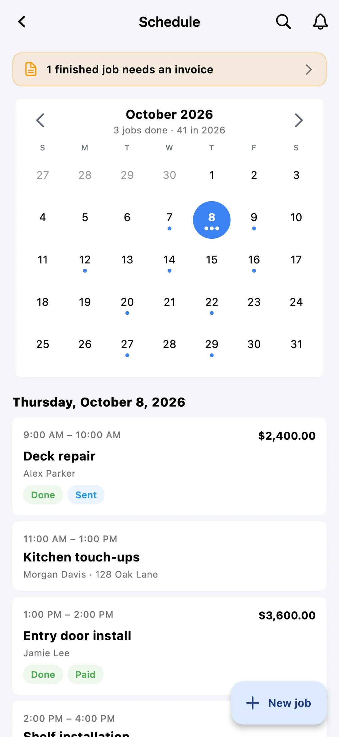 Cadus month calendar with the selected day’s client jobs, times, and status